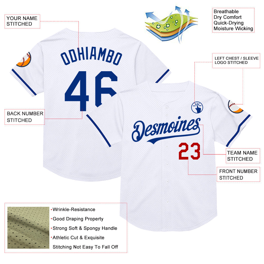 Custom White Royal-Red Mesh Authentic Throwback Baseball Jersey view 3