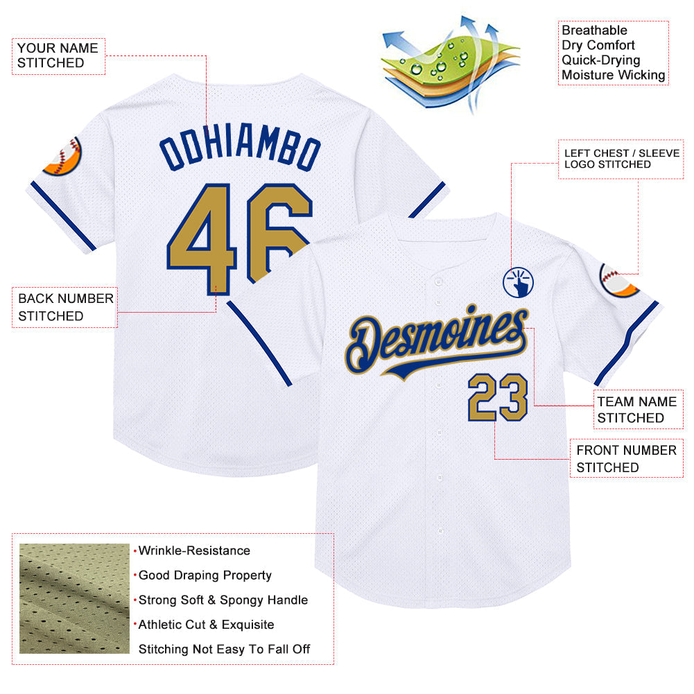 Custom White Old Gold-Royal Mesh Authentic Throwback Baseball Jersey view 3