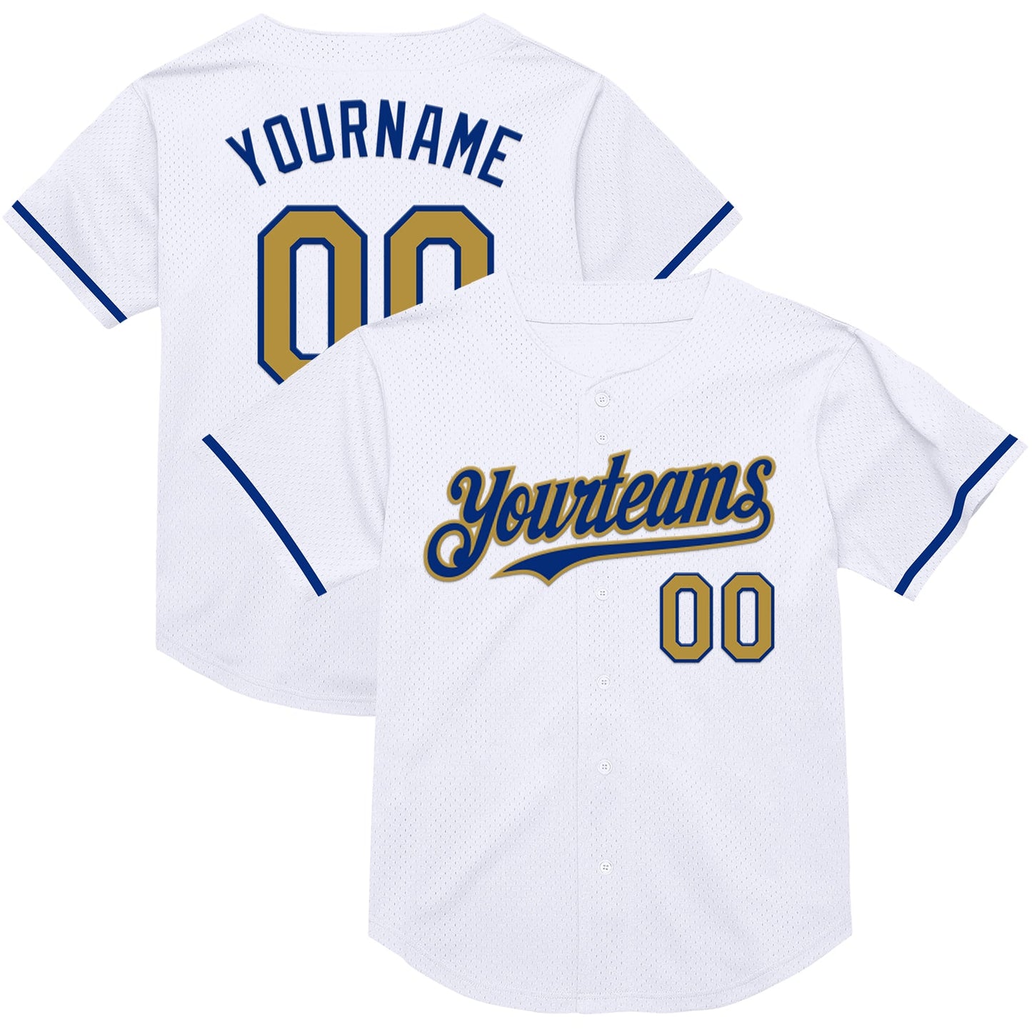 Custom White Old Gold-Royal Mesh Authentic Throwback Baseball Jersey - Main View