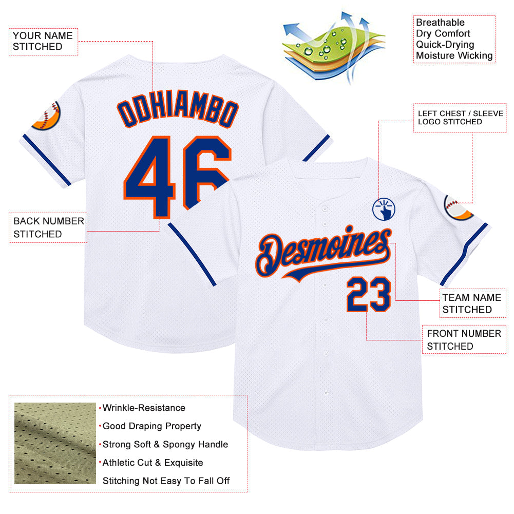 Custom White Royal-Orange Mesh Authentic Throwback Baseball Jersey view 3