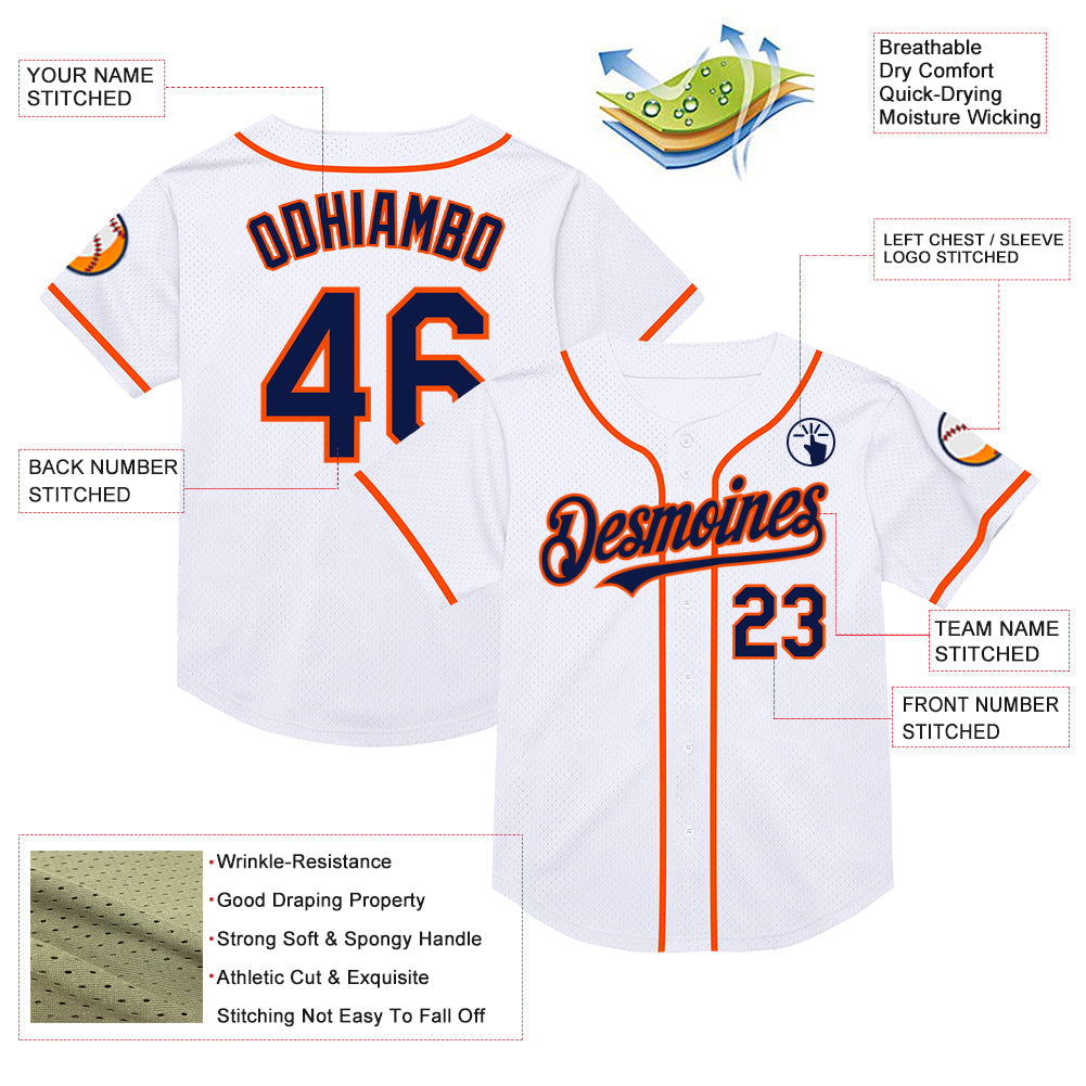 Custom White Navy-Orange Mesh Authentic Throwback Baseball Jersey view 3