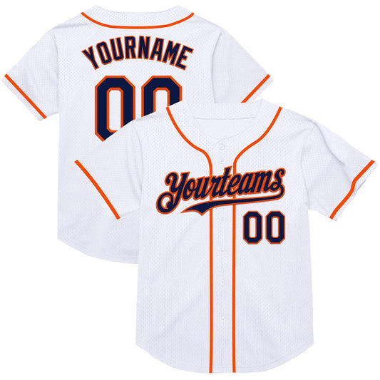 Custom White Navy-Orange Mesh Authentic Throwback Baseball Jersey - Main View