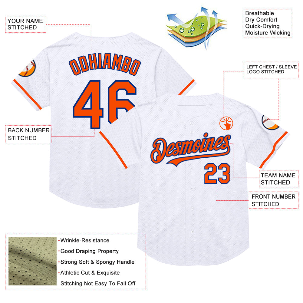 Custom White Orange-Royal Mesh Authentic Throwback Baseball Jersey view 3