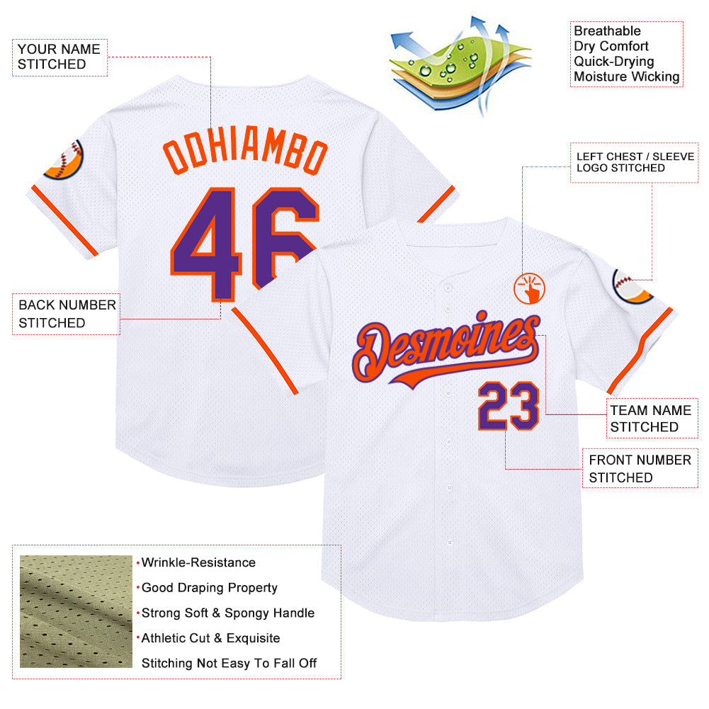 Custom White Purple-Orange Mesh Authentic Throwback Baseball Jersey view 3