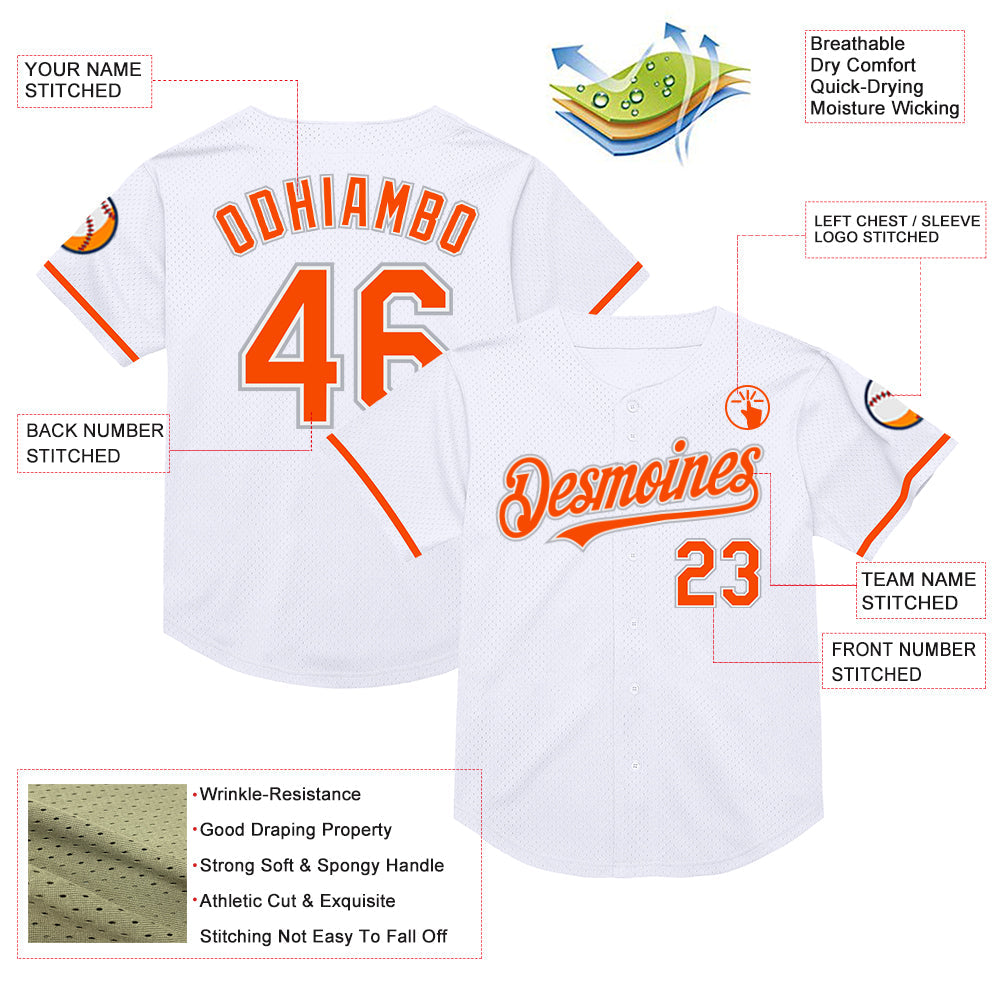 Custom White Orange-Gray Mesh Authentic Throwback Baseball Jersey view 3