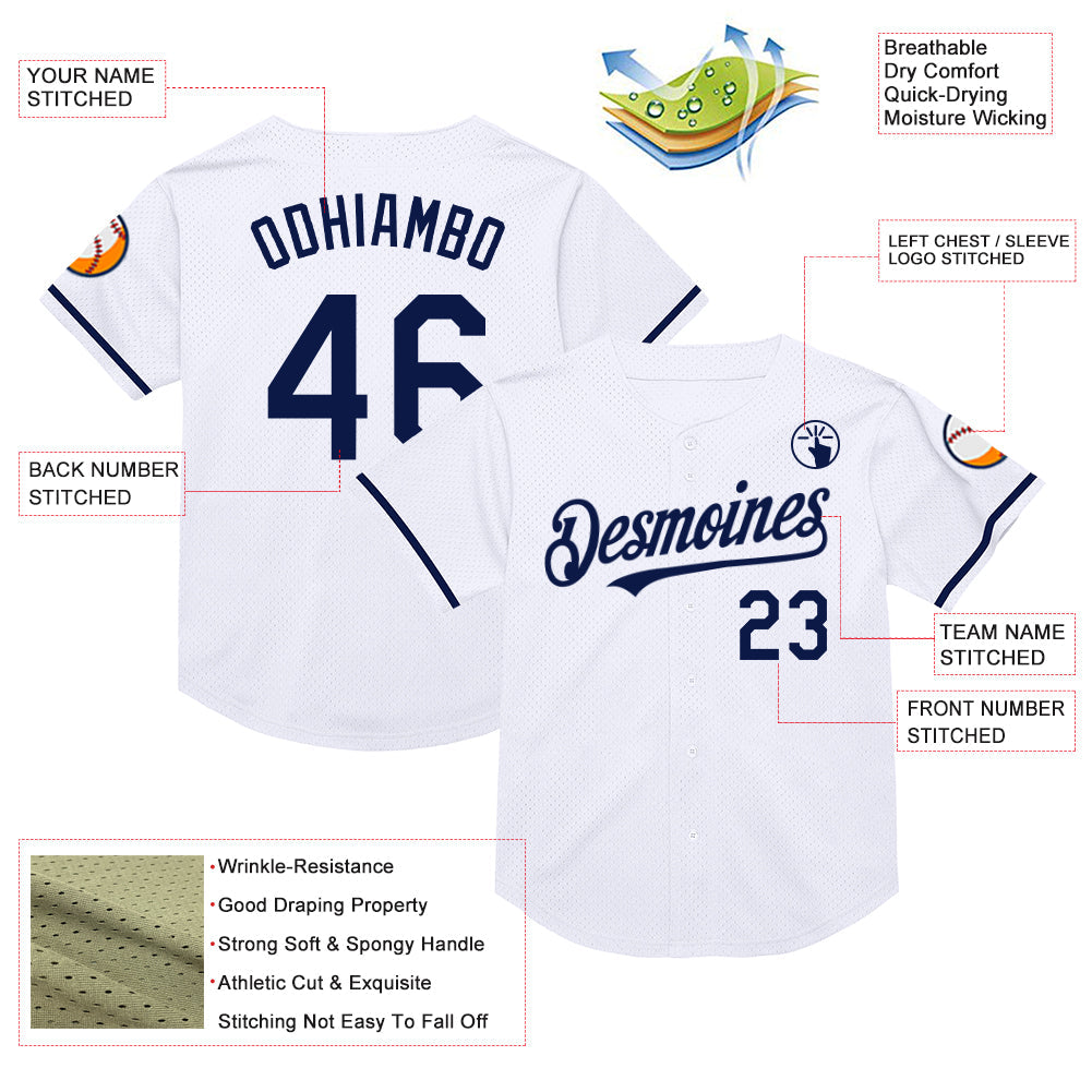 Custom White Navy Mesh Authentic Throwback Baseball Jersey view 3