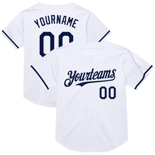 Custom White Navy Mesh Authentic Throwback Baseball Jersey - Main View