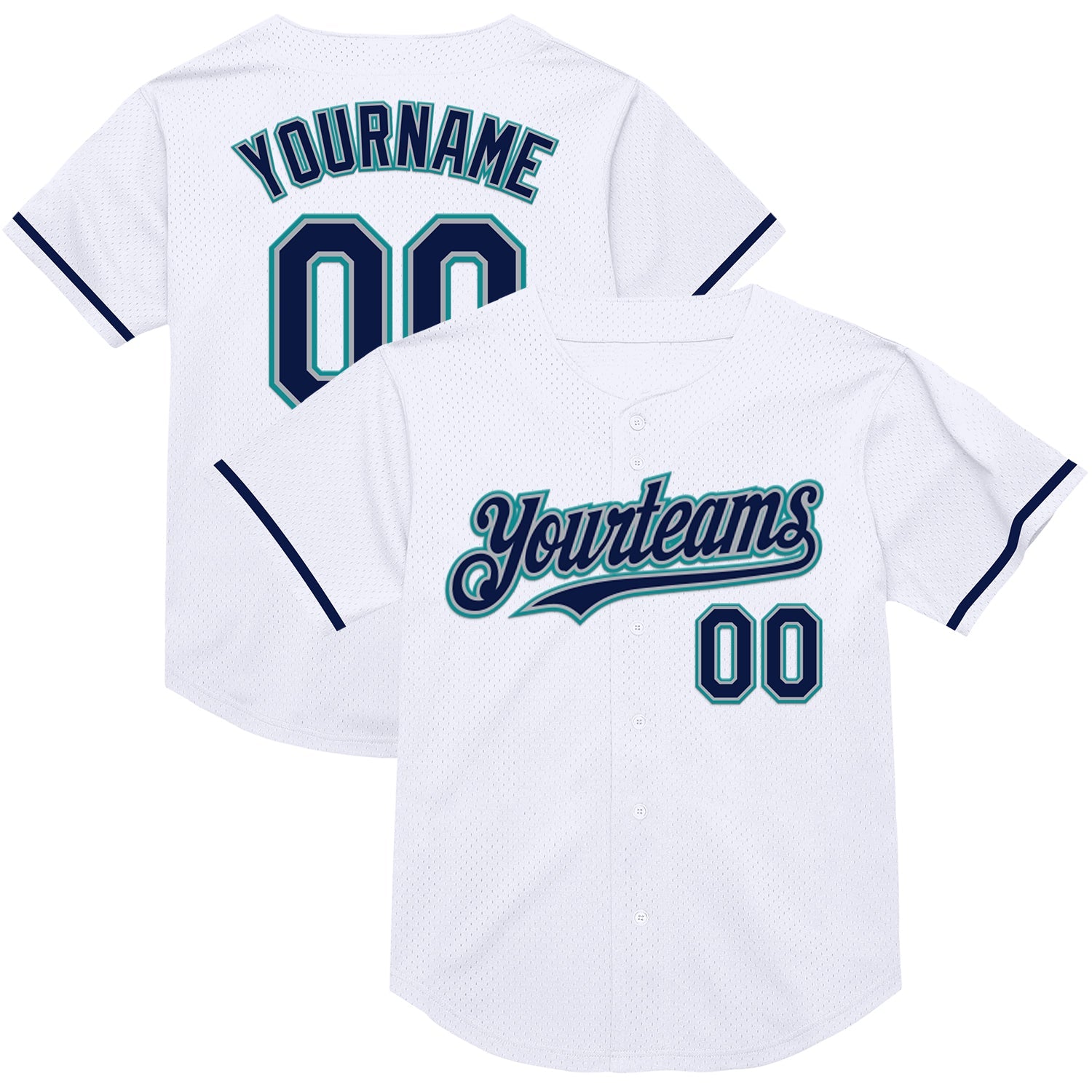 Custom White Navy Gray-Teal Mesh Authentic Throwback Baseball Jersey - Main View