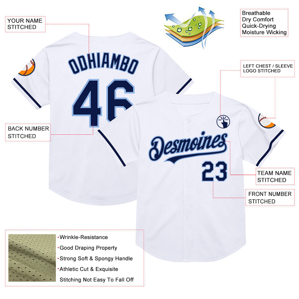 Custom White Navy-Light Blue Mesh Authentic Throwback Baseball Jersey view 3