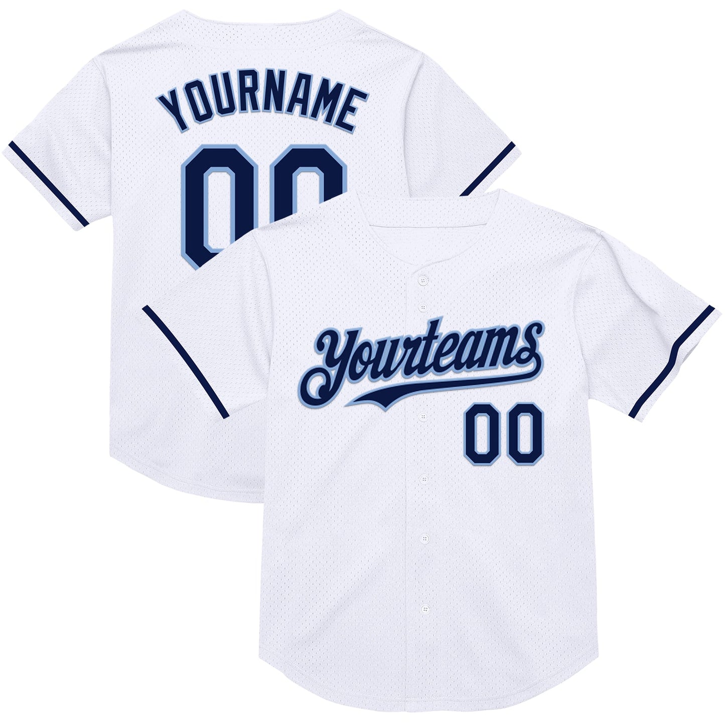 Custom White Navy-Light Blue Mesh Authentic Throwback Baseball Jersey - Main View