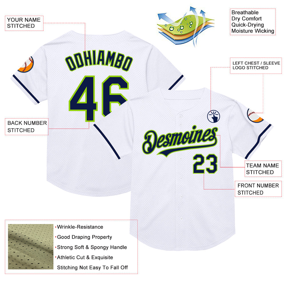 Custom White Navy-Neon Green Mesh Authentic Throwback Baseball Jersey view 3