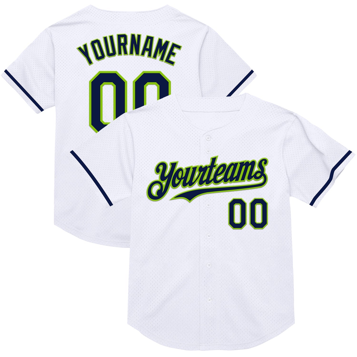 Custom White Navy-Neon Green Mesh Authentic Throwback Baseball Jersey - Main View