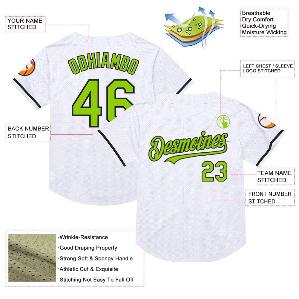Custom White Neon Green-Black Mesh Authentic Throwback Baseball Jersey view 3