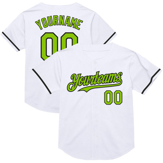 Custom White Neon Green-Black Mesh Authentic Throwback Baseball Jersey - Main View