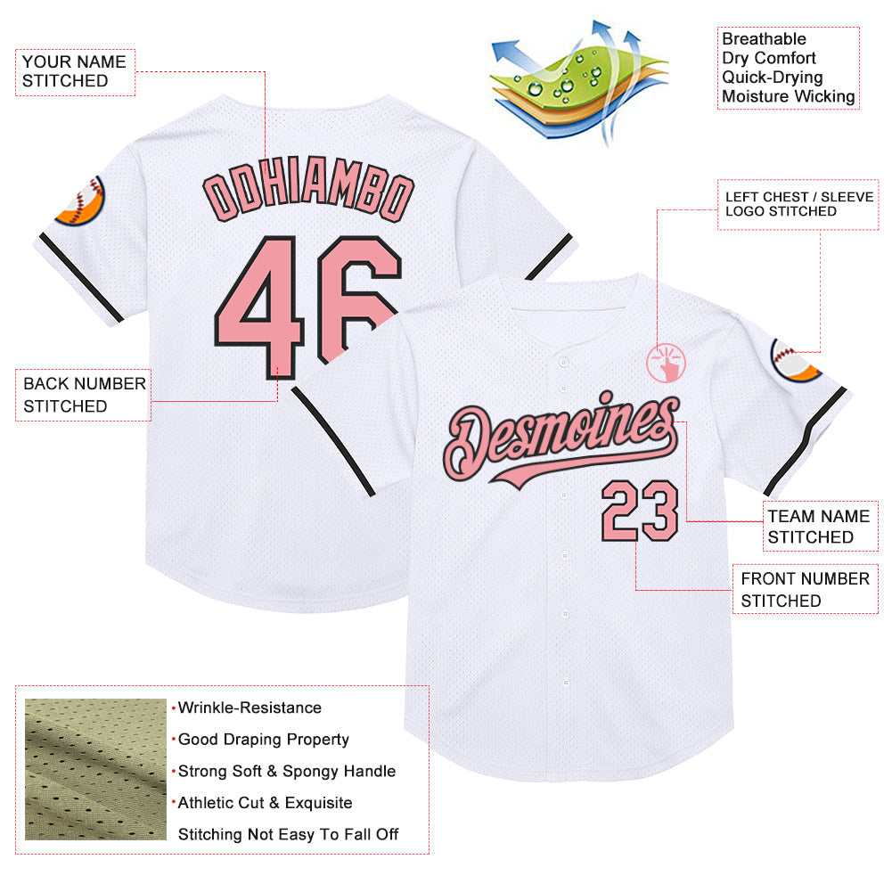Custom White Medium Pink-Black Mesh Authentic Throwback Baseball Jersey view 3