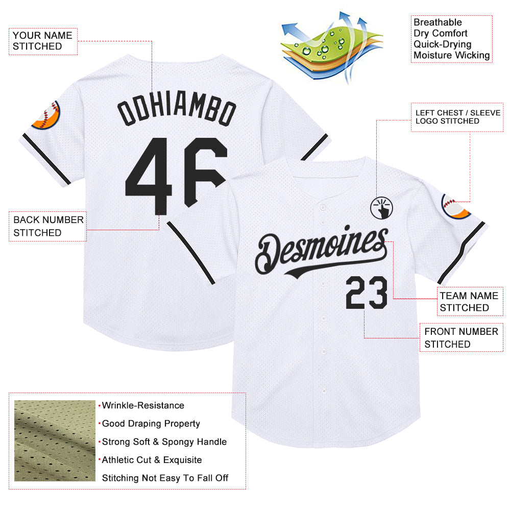 Custom White Black Mesh Authentic Throwback Baseball Jersey view 3