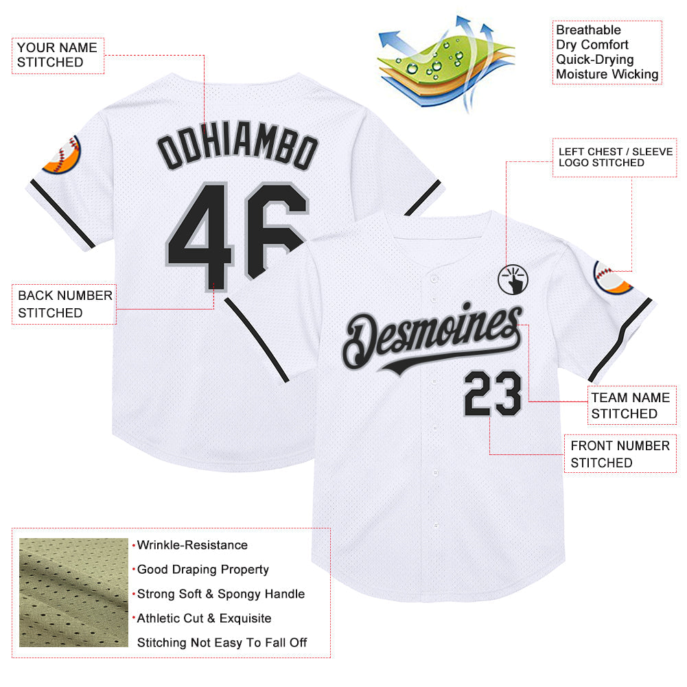 Custom White Black-Gray Mesh Authentic Throwback Baseball Jersey view 3