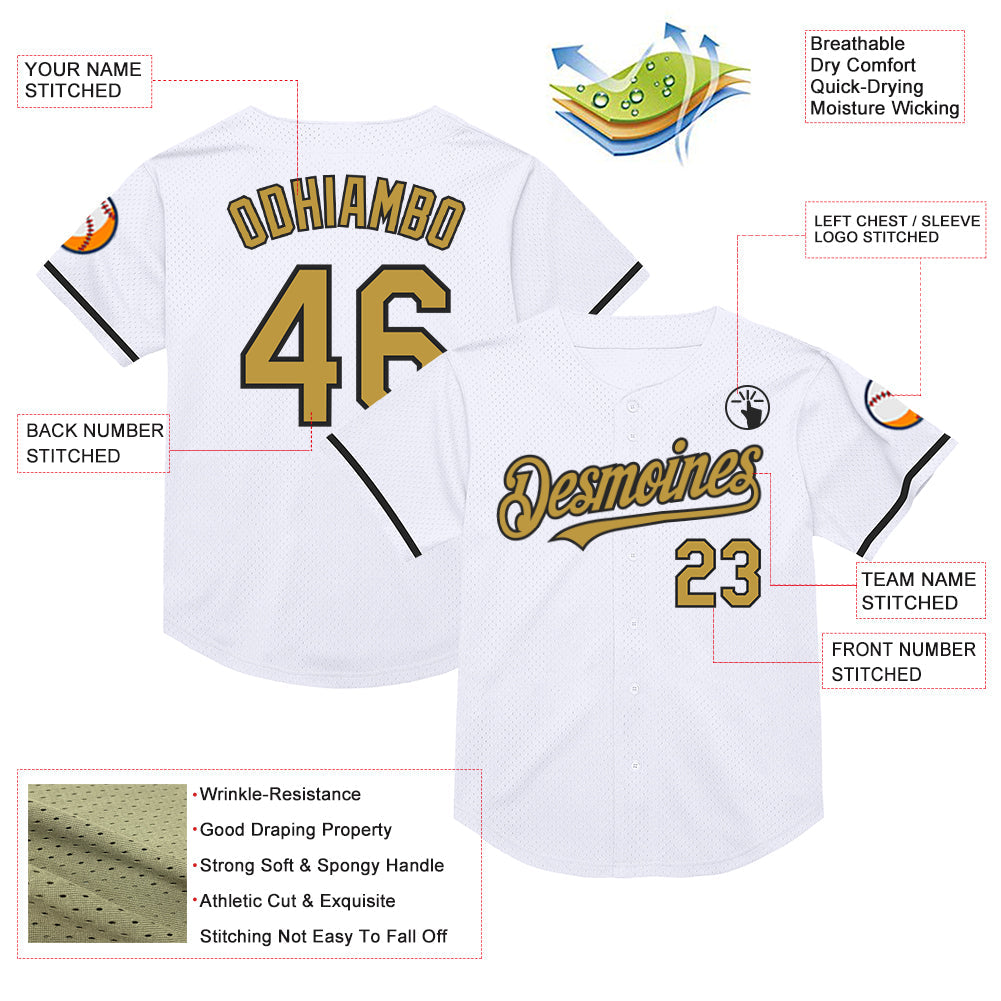 Custom White Old Gold-Black Mesh Authentic Throwback Baseball Jersey view 3