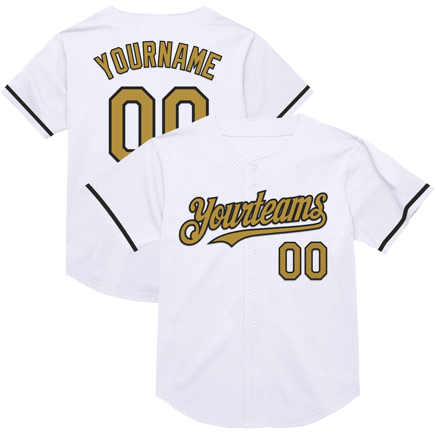 Custom White Old Gold-Black Mesh Authentic Throwback Baseball Jersey - Main View