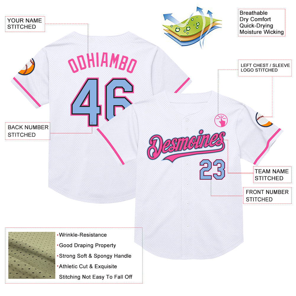 Custom White Light Blue Black-Pink Mesh Authentic Throwback Baseball Jersey view 3