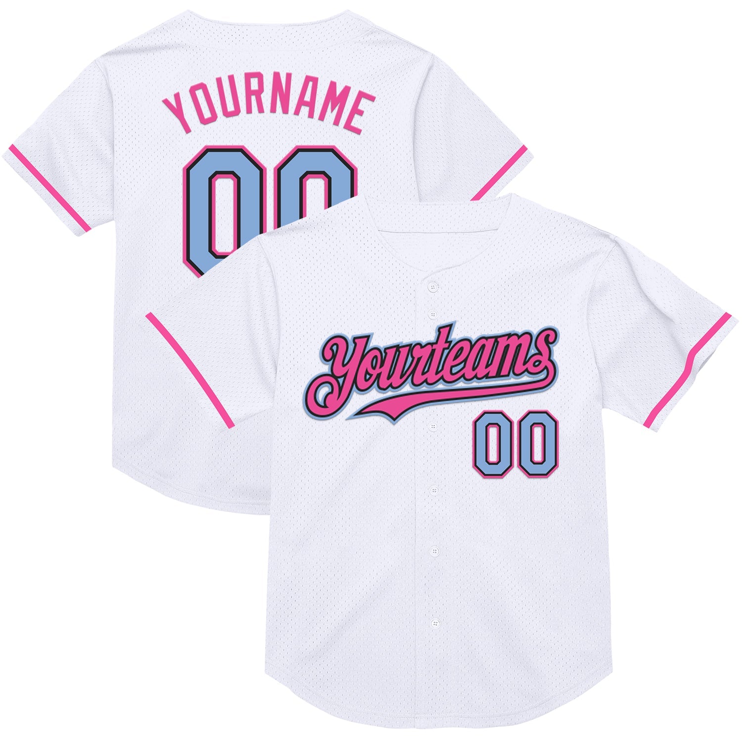 Custom White Light Blue Black-Pink Mesh Authentic Throwback Baseball Jersey - Main View
