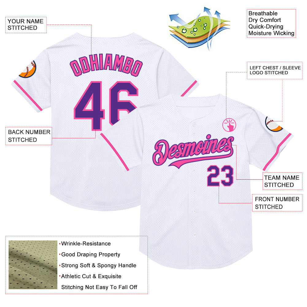 Custom White Purple-Pink Mesh Authentic Throwback Baseball Jersey view 3