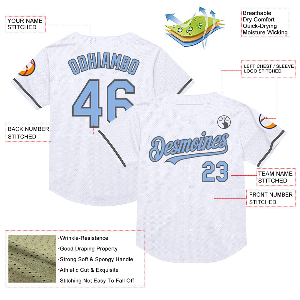 Custom White Light Blue-Steel Gray Mesh Authentic Throwback Baseball Jersey view 3