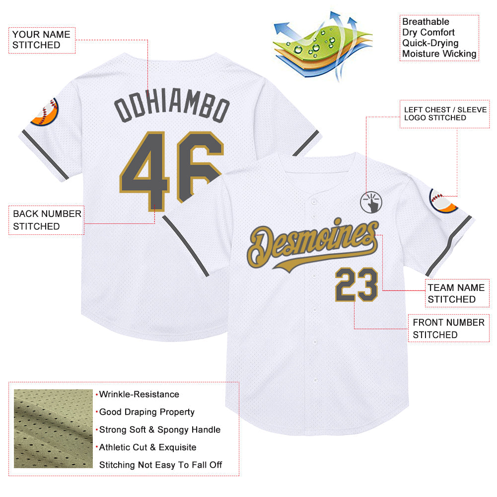 Custom White Steel Gray-Old Gold Mesh Authentic Throwback Baseball Jersey view 3