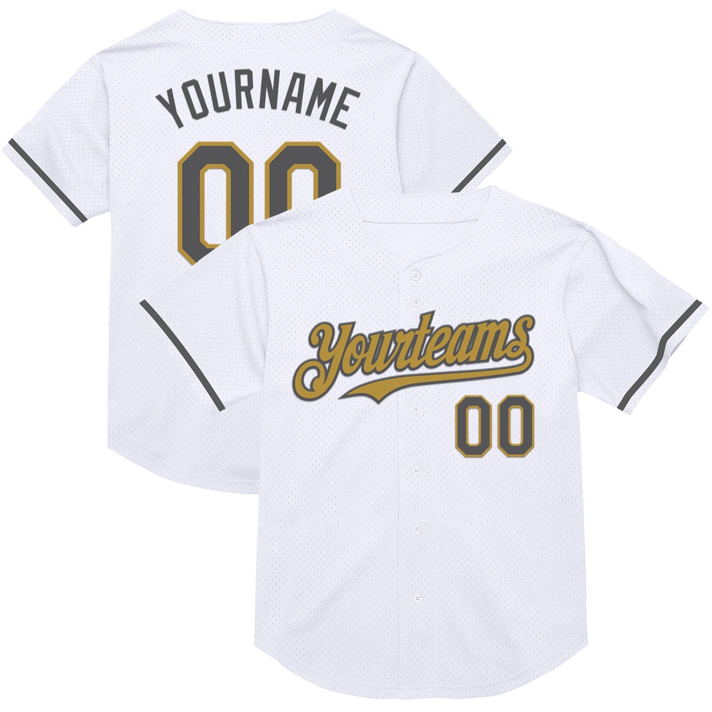 Custom White Steel Gray-Old Gold Mesh Authentic Throwback Baseball Jersey - Main View