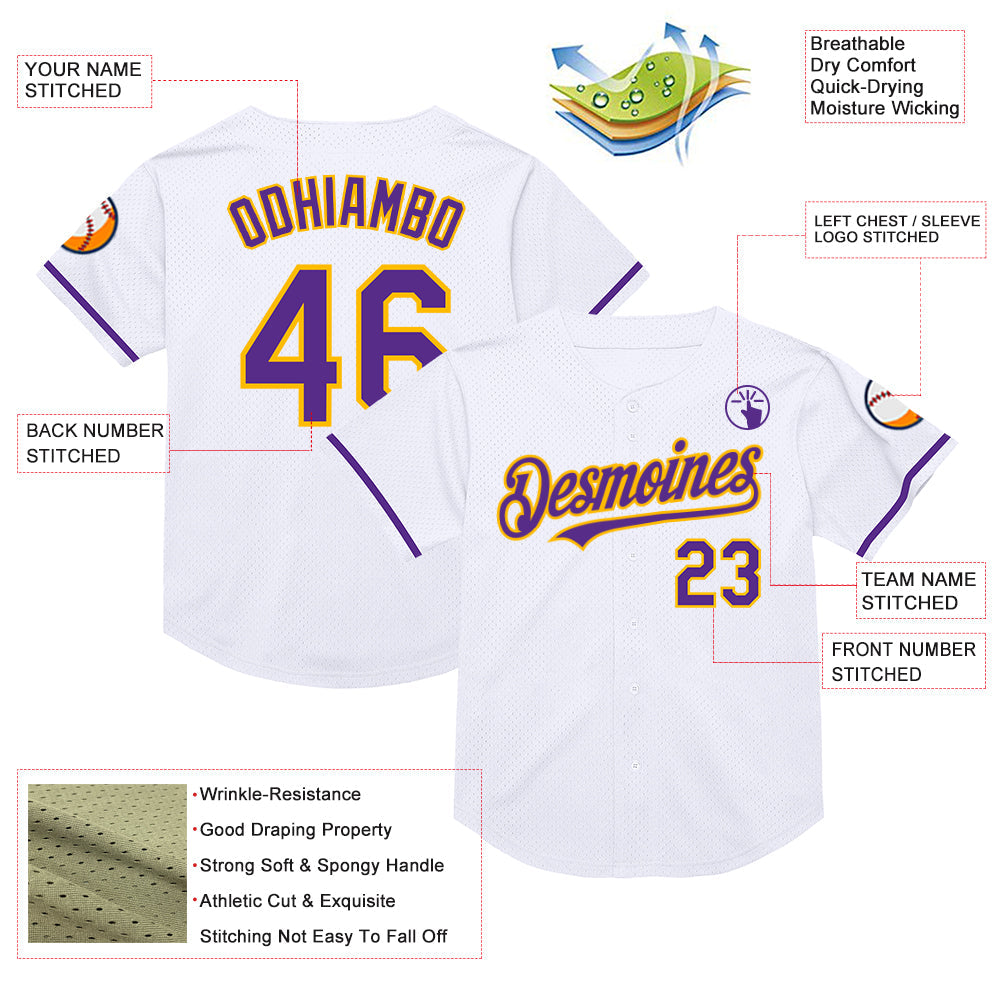 Custom White Purple-Gold Mesh Authentic Throwback Baseball Jersey view 3