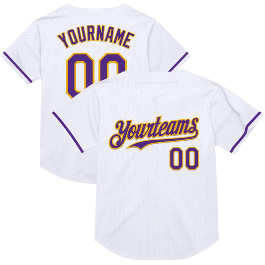 Custom White Purple-Gold Mesh Authentic Throwback Baseball Jersey - Main View