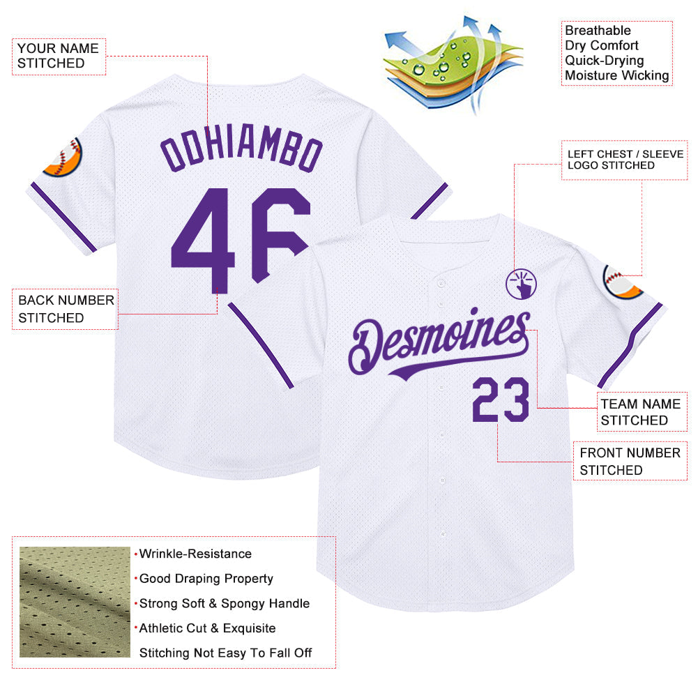 Custom White Purple Mesh Authentic Throwback Baseball Jersey view 3