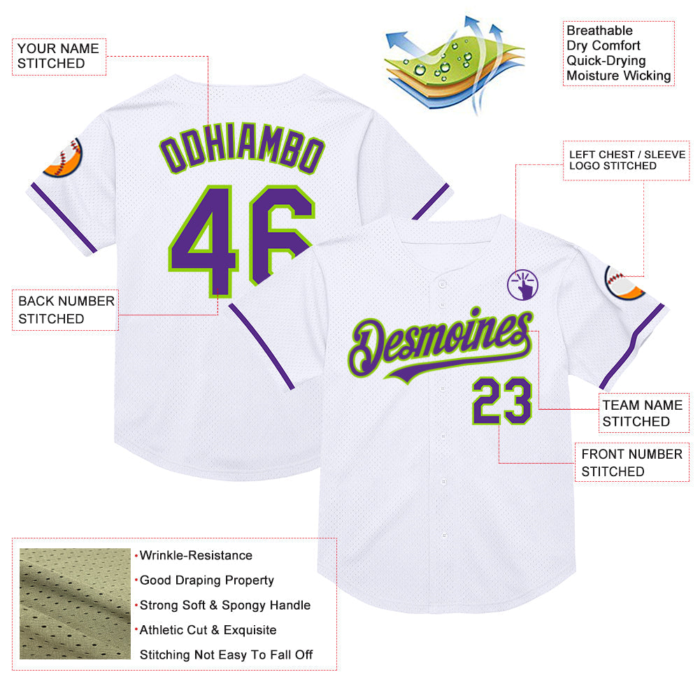 Custom White Purple-Neon Green Mesh Authentic Throwback Baseball Jersey view 3