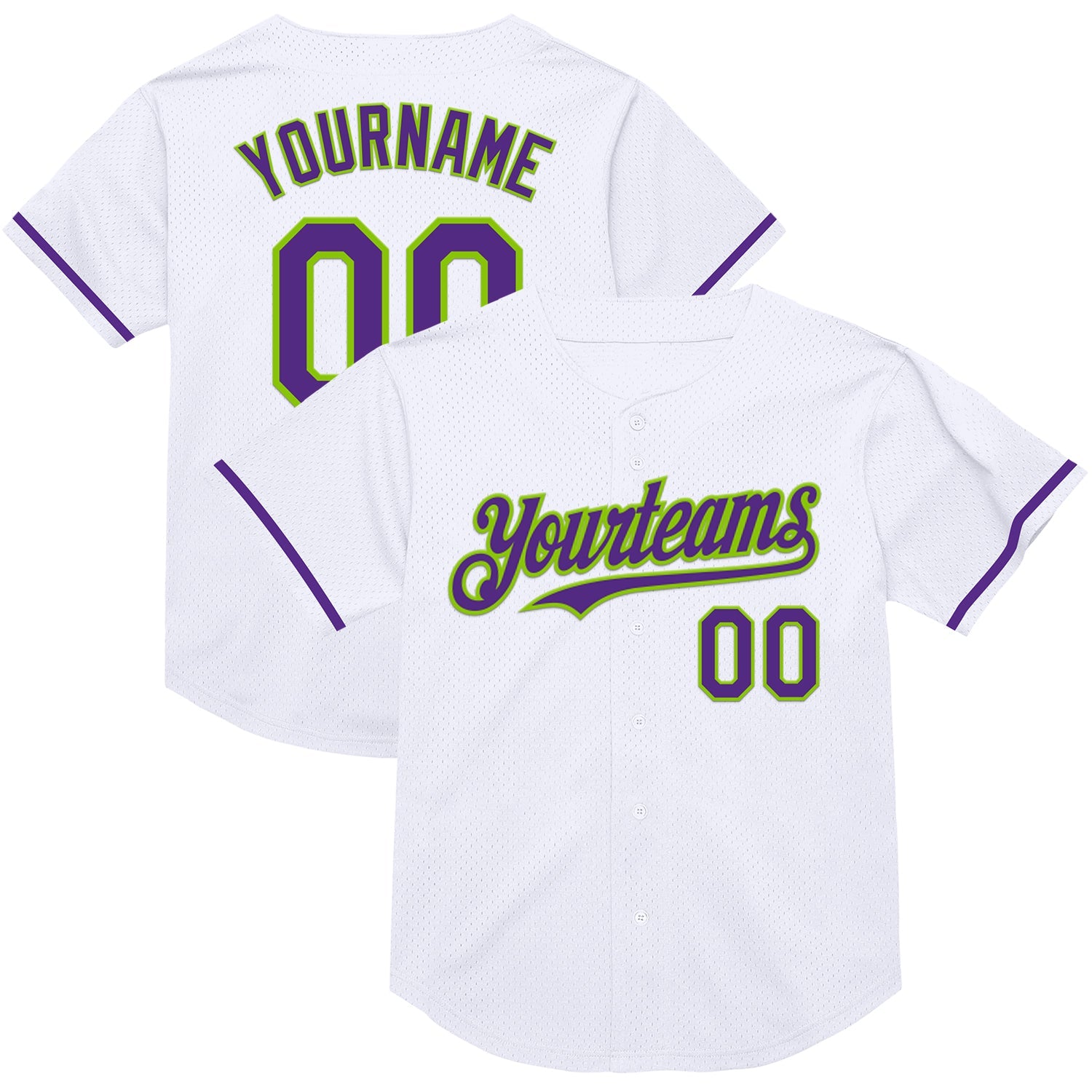 Custom White Purple-Neon Green Mesh Authentic Throwback Baseball Jersey - Main View