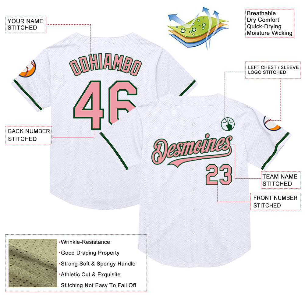 Custom White Medium Pink-Green Mesh Authentic Throwback Baseball Jersey view 3