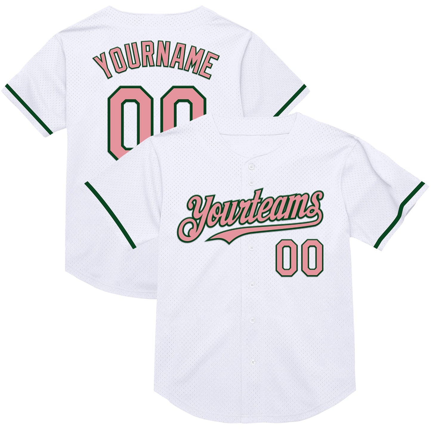 Custom White Medium Pink-Green Mesh Authentic Throwback Baseball Jersey - Main View