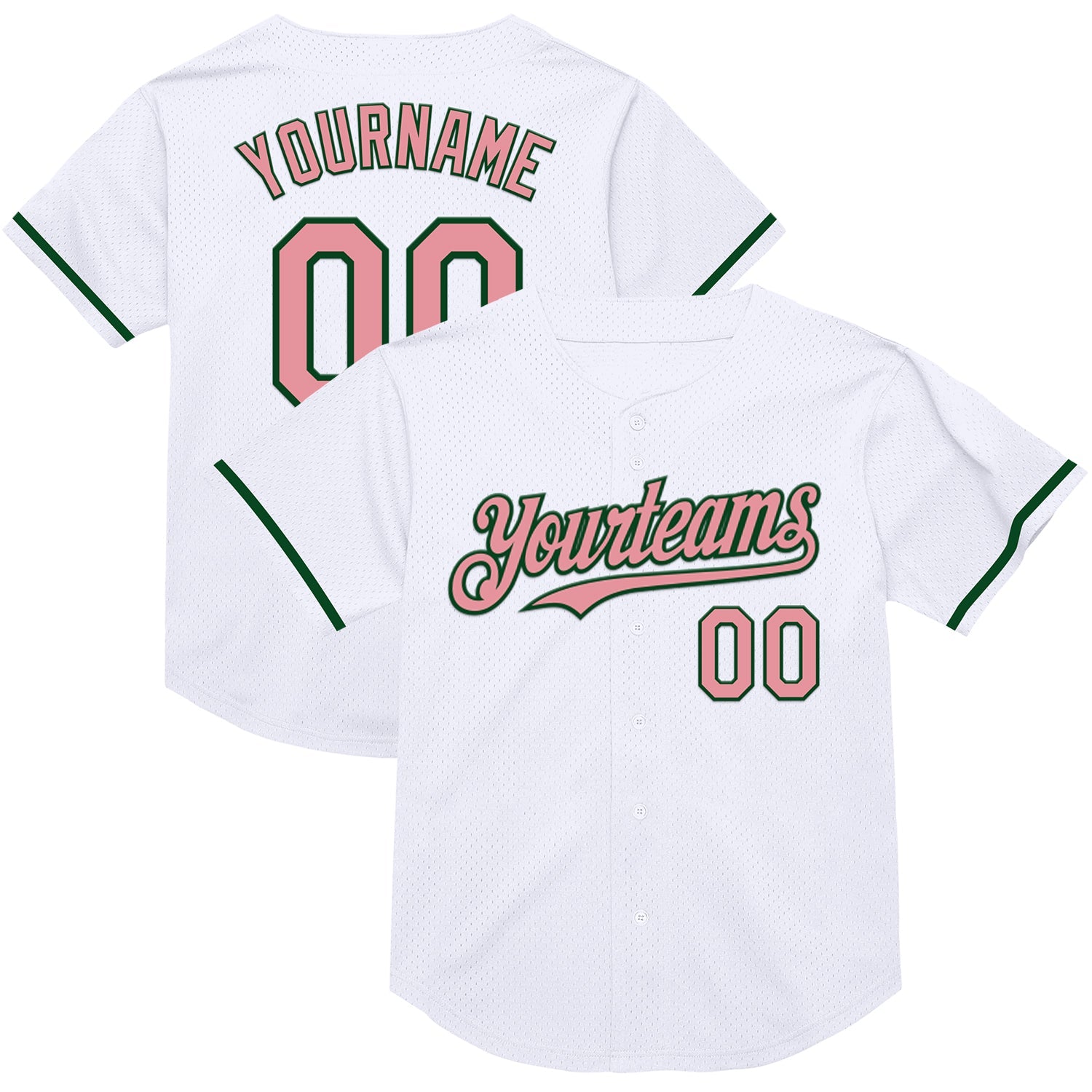 Custom White Medium Pink-Green Mesh Authentic Throwback Baseball Jersey - Main View