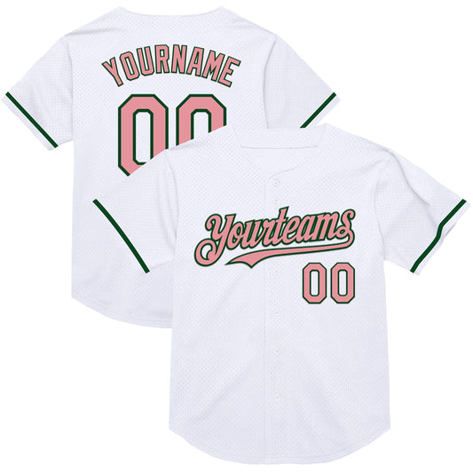 Custom White Medium Pink-Green Mesh Authentic Throwback Baseball Jersey - Main View