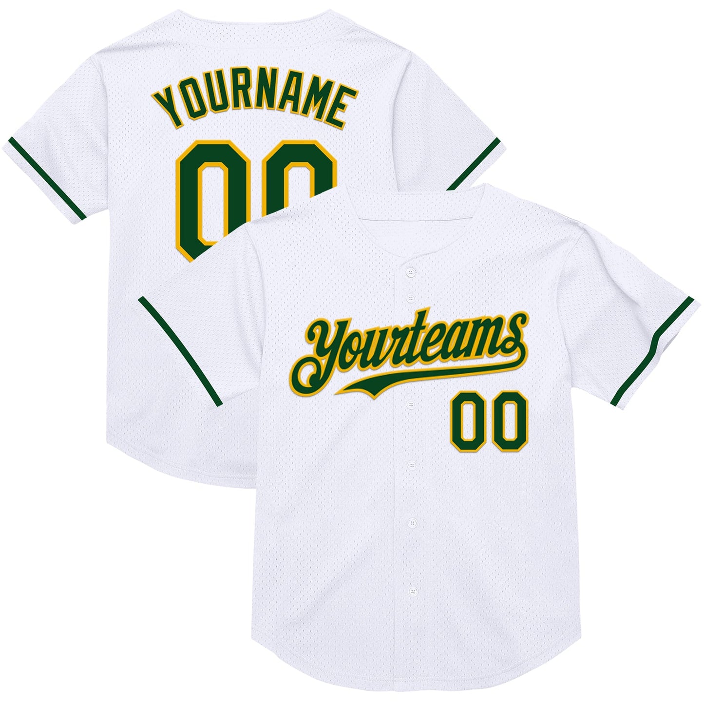 Custom White Green-Gold Mesh Authentic Throwback Baseball Jersey - Main View
