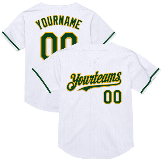 Custom White Green-Gold Mesh Authentic Throwback Baseball Jersey - Main View