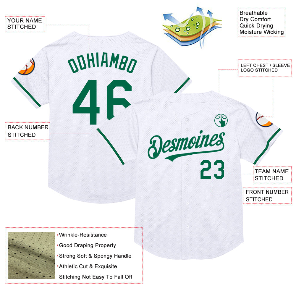 Custom White Kelly Green Mesh Authentic Throwback Baseball Jersey view 3