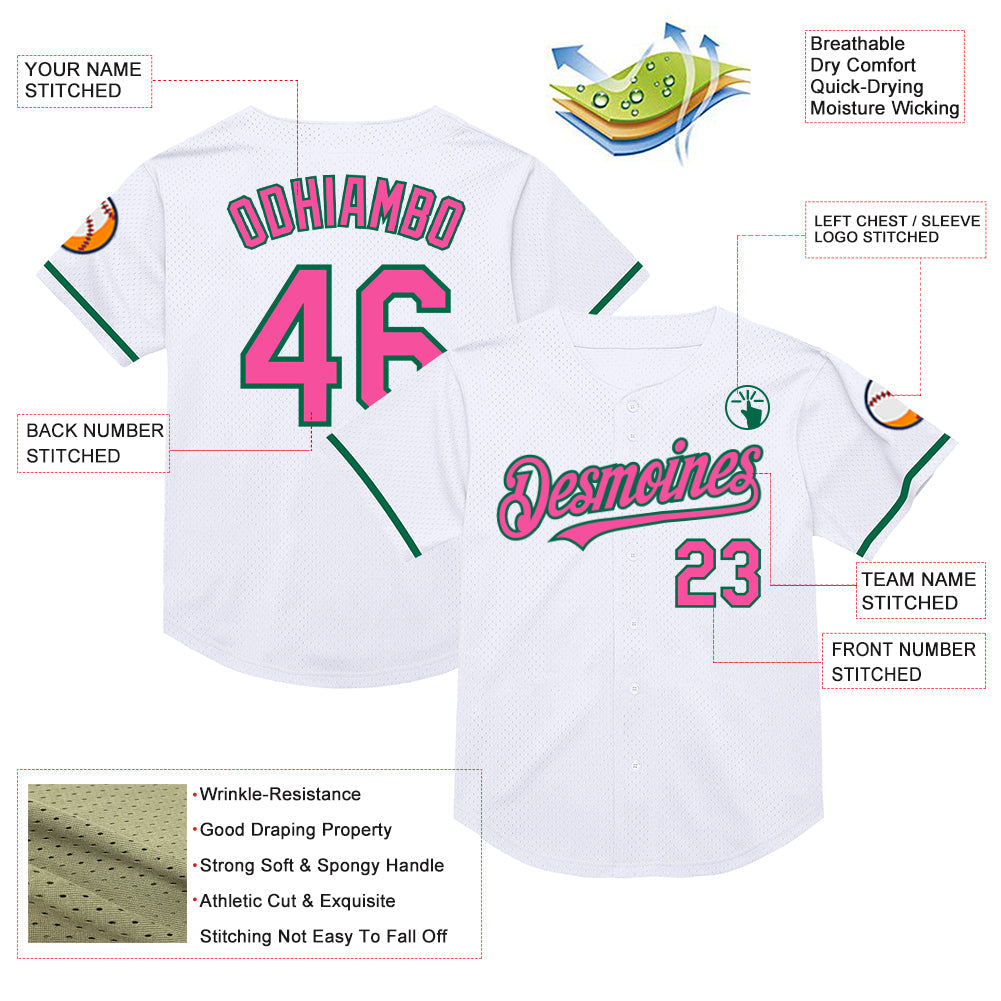 Custom White Pink-Kelly Green Mesh Authentic Throwback Baseball Jersey view 3