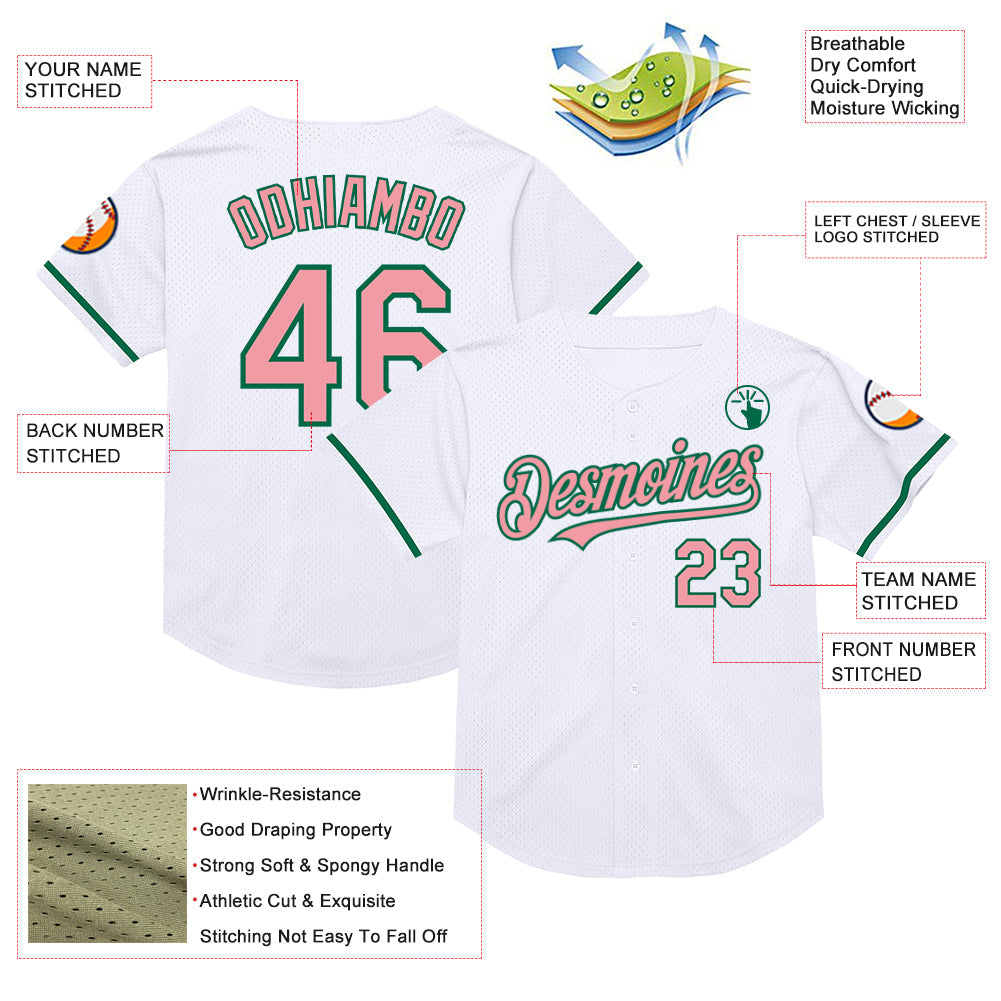 Custom White Medium Pink-Kelly Green Mesh Authentic Throwback Baseball Jersey view 3