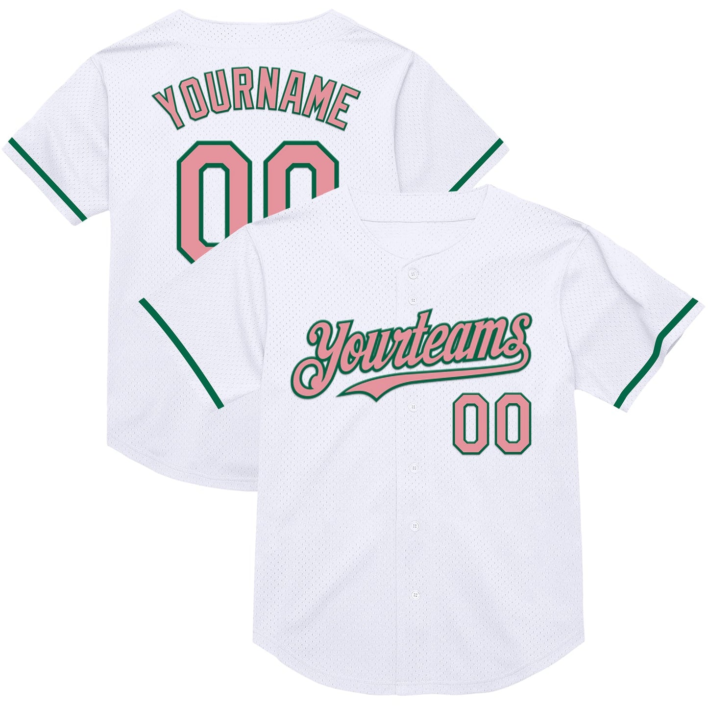Custom White Medium Pink-Kelly Green Mesh Authentic Throwback Baseball Jersey - Main View