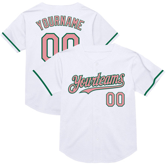 Custom White Medium Pink-Kelly Green Mesh Authentic Throwback Baseball Jersey - Main View