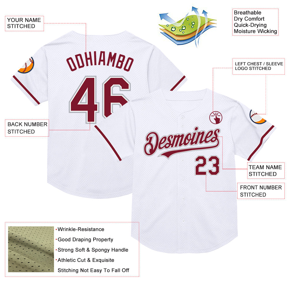 Custom White Crimson-Gray Mesh Authentic Throwback Baseball Jersey view 3