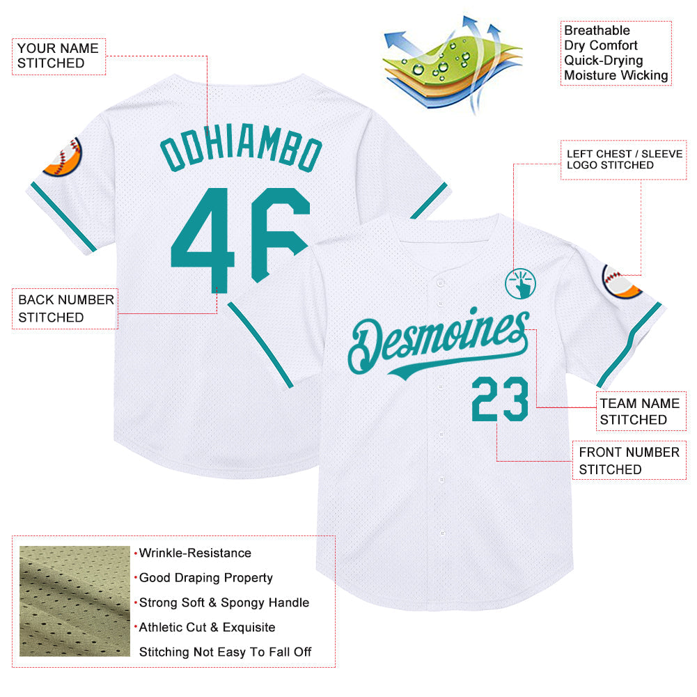 Custom White Teal Mesh Authentic Throwback Baseball Jersey view 3