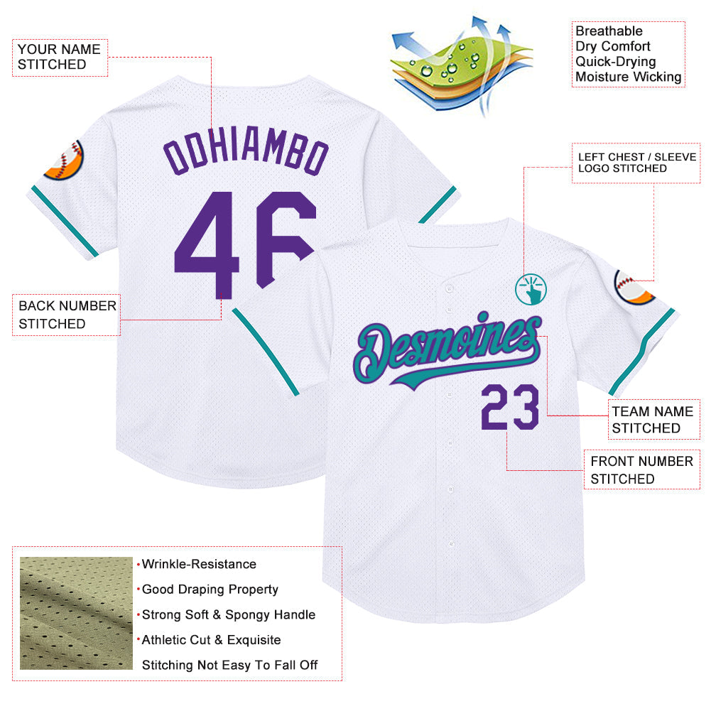 Custom White Purple-Teal Mesh Authentic Throwback Baseball Jersey view 3