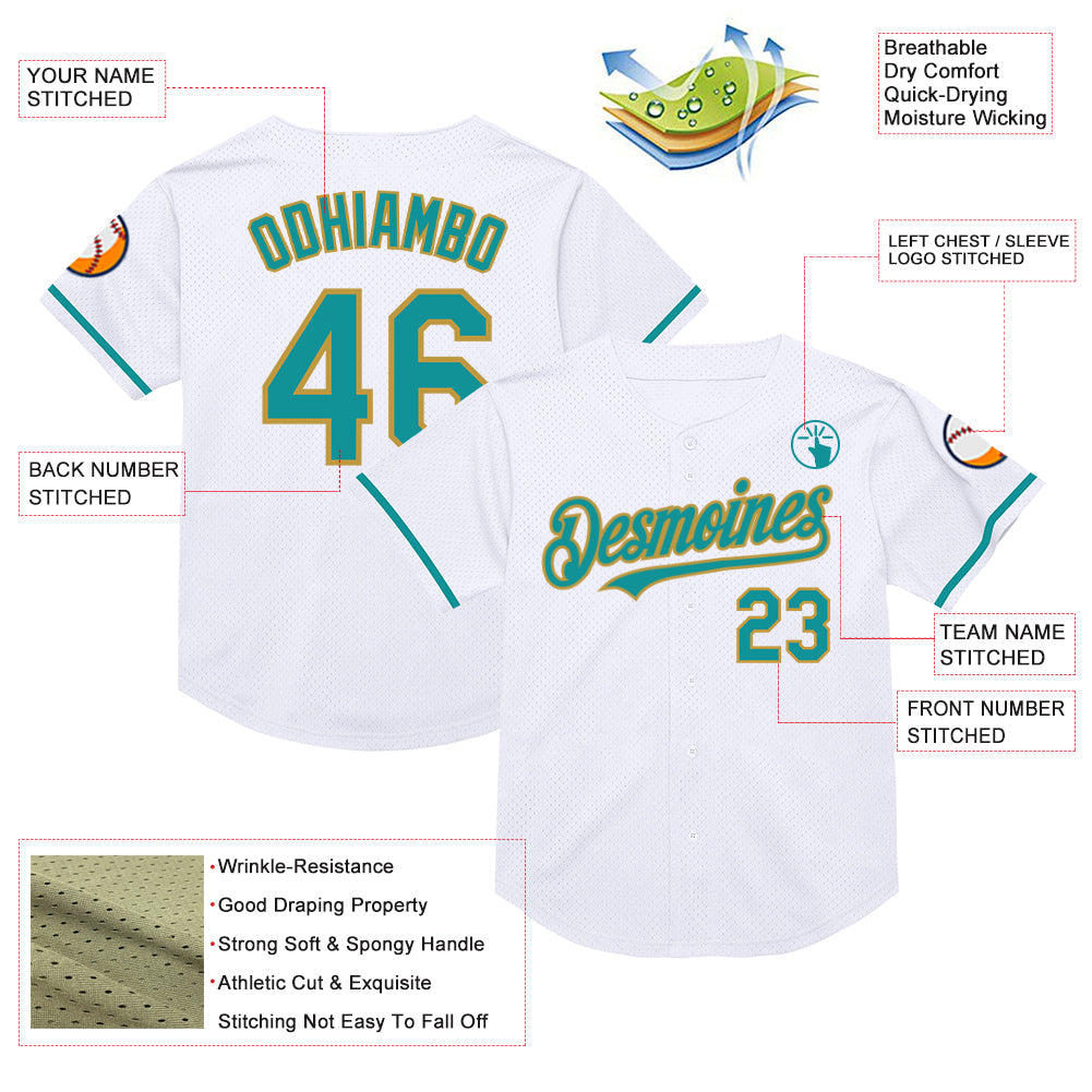 Custom White Teal-Old Gold Mesh Authentic Throwback Baseball Jersey view 3