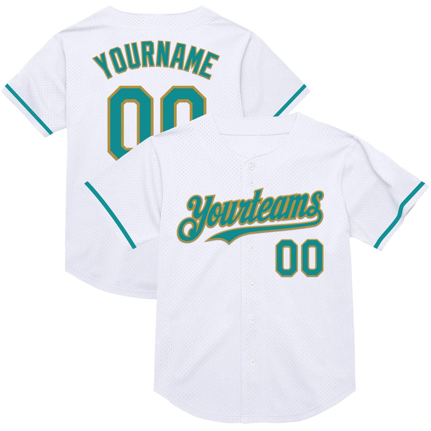Custom White Teal-Old Gold Mesh Authentic Throwback Baseball Jersey - Main View
